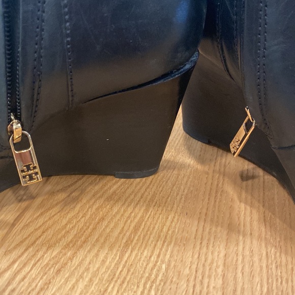 Tory Burch Black Leather Whipstitch Wedge Booties - Picture 4 of 6